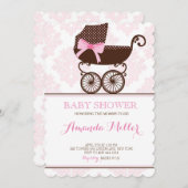 ピンクダマスクプラムベビーシャワーガール招待状 招待状 (正面/裏面)