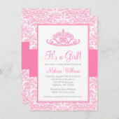 ピンクダマスクプリンセスクラウンガールベビーシャワー 招待状 (正面/裏面)