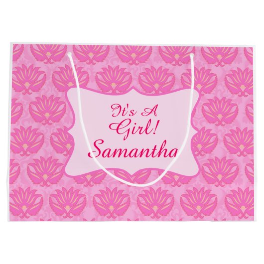 ピンクダマスクベビーその女の子の名前パーソナライズされた ラージペーパーバッグ (裏面)