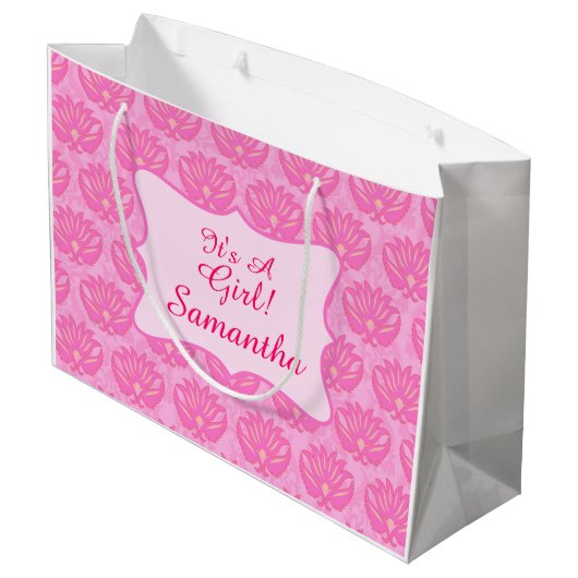 ピンクダマスクベビーその女の子の名前パーソナライズされた ラージペーパーバッグ (裏面アングル)