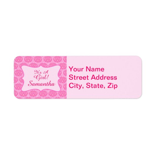 ピンクダマスクベビーガールネームパーソナライズされた誕生 ラベル (正面)