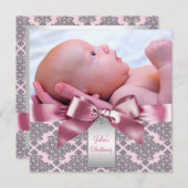 ピンクダマスクベビーガールフォト《キリスト教》洗礼式や命名式 招待状 (正面/裏面)