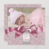ピンクダマスクベビーガールフォト《キリスト教》洗礼式や命名式 招待状 (正面/裏面)