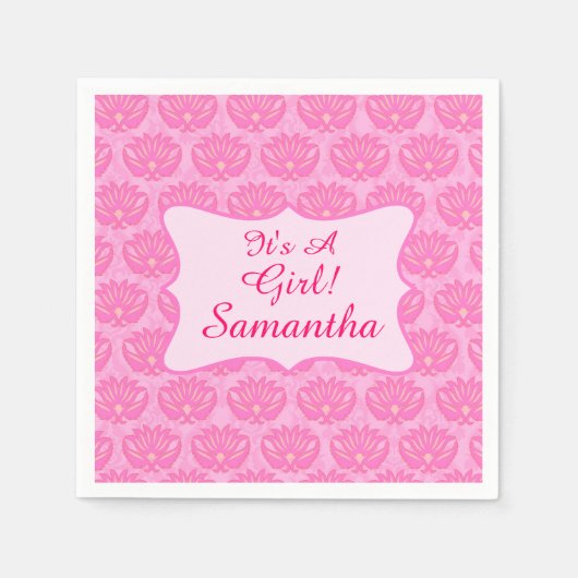 ピンクダマスクベビーザガール誕生発表 スタンダードカクテルナプキン (正面)