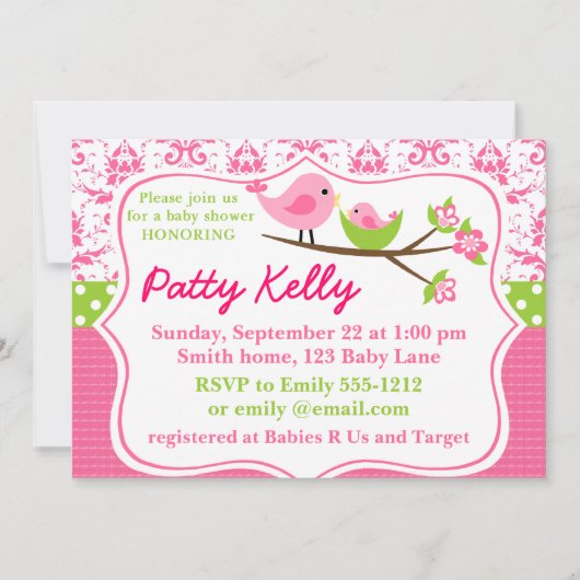 ピンクダマスクベビーシャワー招待状とバーディ 招待状 (正面)