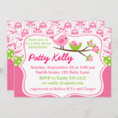 ピンクダマスクベビーシャワー招待状とバーディ 招待状 (正面/裏面)