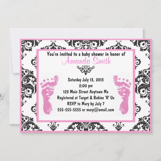 ピンクダマスクベビー足ガールベビーシャワー招待状 招待状 (正面)