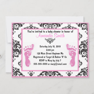 ピンクダマスクベビー足ガールベビーシャワー招待状 招待状