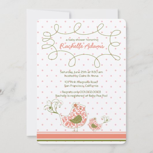 ピンクダマスクママ&ベビーバードシックガールベビーシャワー 招待状 (正面)