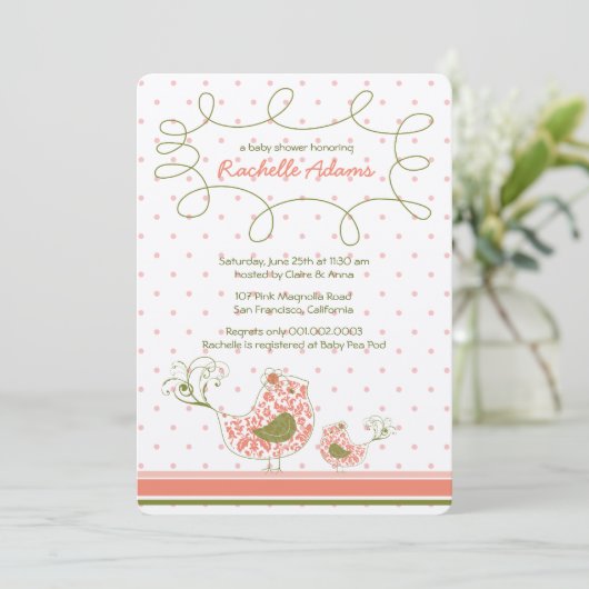 ピンクダマスクママ&ベビーバードシックガールベビーシャワー 招待状 (スタンド正面)