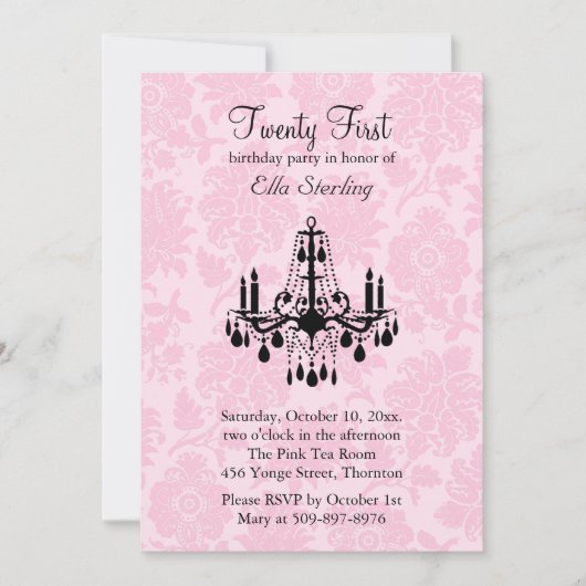 ピンクダマスク二十一誕生日招待状 招待状 (正面)