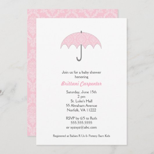 ピンクダマスク傘ベビーシャワー招待状 招待状 (正面/裏面)
