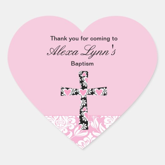 ピンクダマスク女の子バプテスマありがとうステッカー ハートシール (正面)