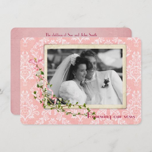 ピンクダマスク結婚式の誓いの更新 招待状 (正面/裏面)