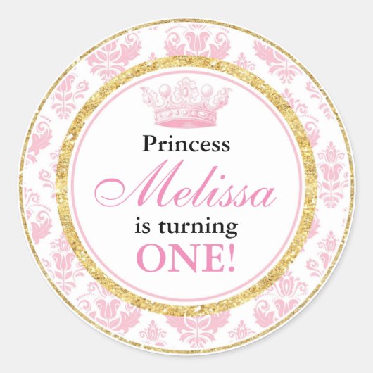 ピンクダマスク金ゴールドプリンセス1stバースデーシール ラウンドシール (正面)