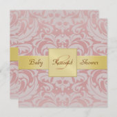 ピンクダマスク金ゴールドリボンベビーシャワー招待状 招待状 (正面/裏面)