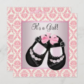 ピンクダマスク黒靴ピンクダマスク赤ちゃん女の子ショー 招待状 (正面/裏面)