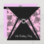 ピンクダマスク15th誕生日パーティーへの招待 招待状 (正面/裏面)