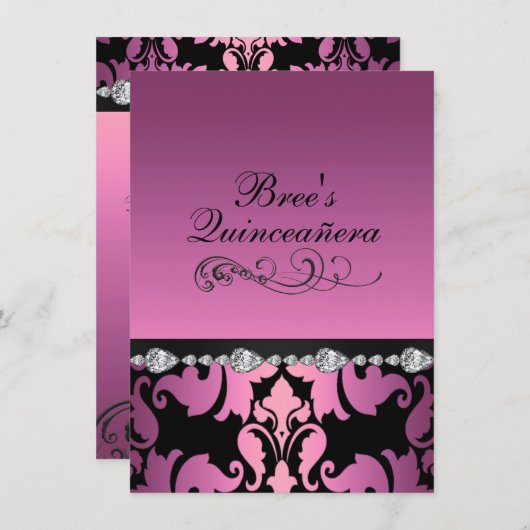 ピンクダマスク&ダイアモンドイメージキンセアニラ招待状 招待状 (正面/裏面)