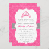 ピンクダマスク、プリンセスクラウン、ガールベビーシャワー 招待状 (正面/裏面)