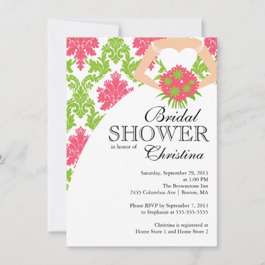 ピンクダマスモダンクビューティフルブライドブライダルシャワー 招待状 (正面)