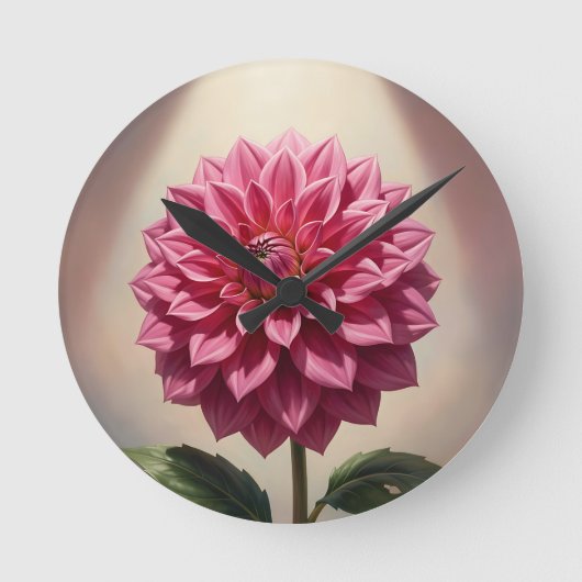 ピンクダリアの花の植物画 ラウンド壁時計 (正面)