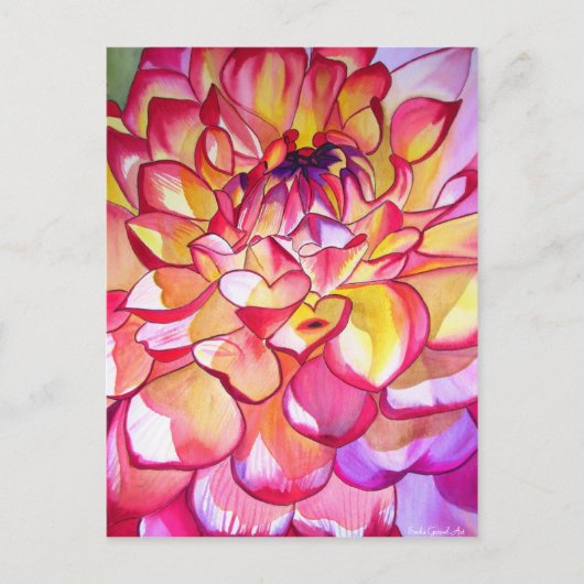 ピンクダリアの花の水彩細密画 ポストカード (正面)
