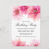 ピンクダリアウォーターカラーフローラ誕生日パーティー 招待状 (正面/裏面)