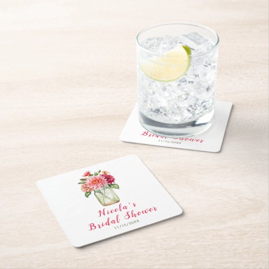 ピンクダリアスメイスンジャーブライダルシャワー スクエアペーパーコースター (インサイチュ)