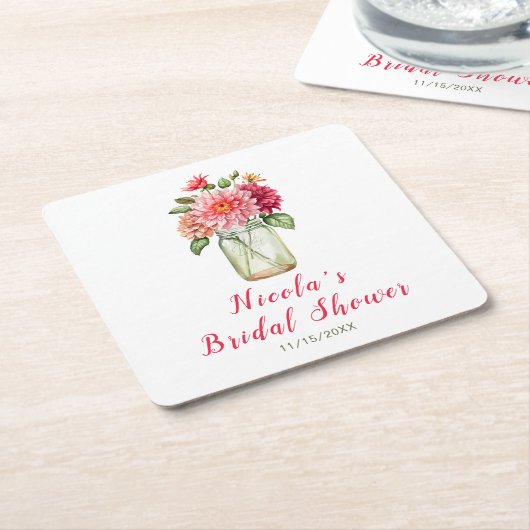 ピンクダリアスメイスンジャーブライダルシャワー スクエアペーパーコースター (アングル)