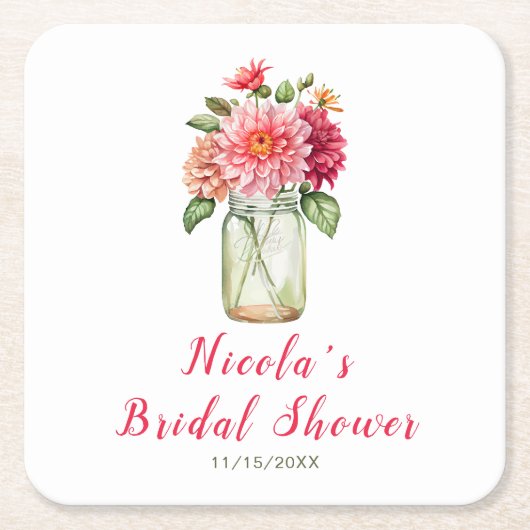 ピンクダリアスメイスンジャーブライダルシャワー スクエアペーパーコースター (正面)