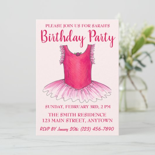 ピンクダンスバレリーナツチュバレエ誕生日パーティー 招待状 (スタンド正面)