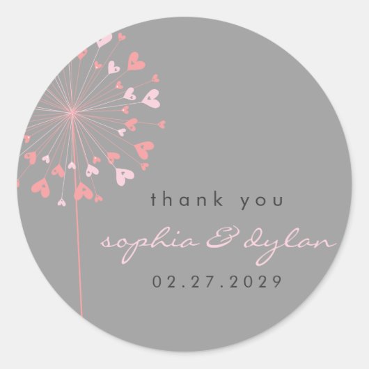 ピンクダンデリオンフラワーラブハート結婚ズ夏 ラウンドシール (正面)