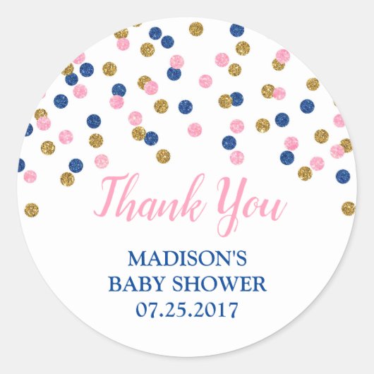 ピンクダークブルー金ゴールドドット赤ちゃんシャワーメッセージカード ラウンドシール (正面)