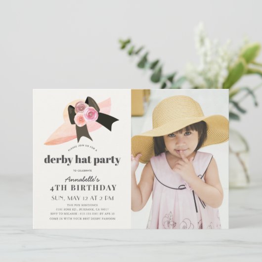 ピンクダービーハットバラ1st誕生日パーティー写真の招待 招待状 (スタンド正面)