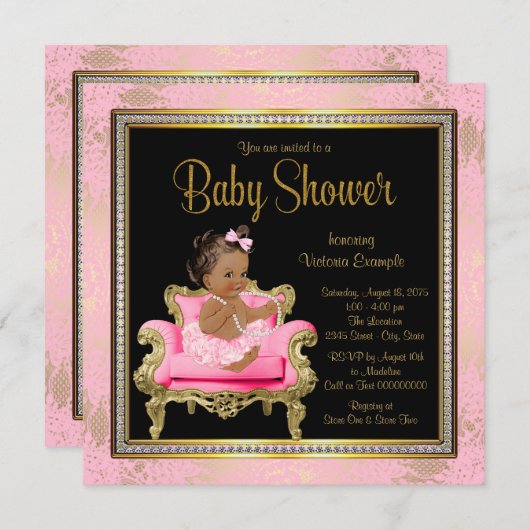 ピンクチェアレース真珠エスニックガールベビーシャワー 招待状 (正面/裏面)