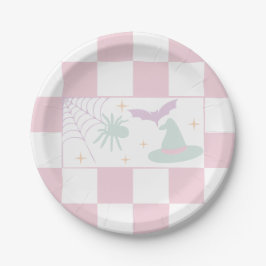 ピンクチェッカーボードハロウィーンビ不気味ーブ ペーパープレート