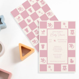 ピンクチェック赤ちゃんシャワー招待状 招待状