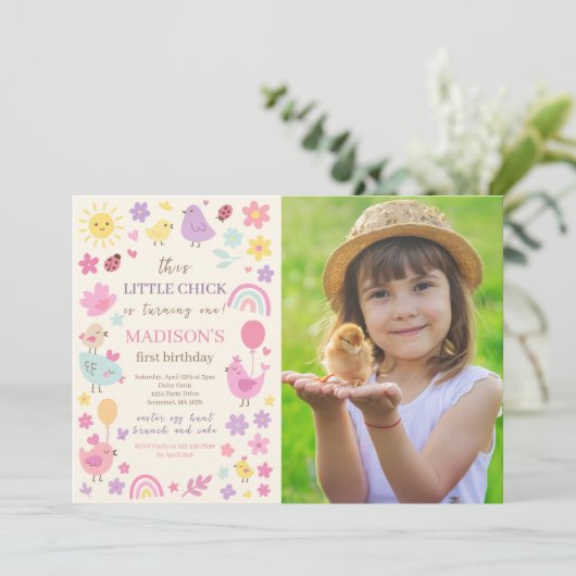 ピンクチキン1st誕生日パーティー写真招待状 招待状 (スタンド正面)