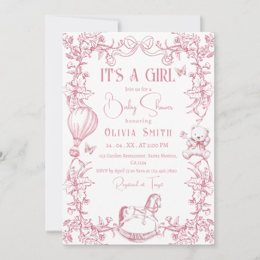 ピンクチノイスリートイレヴィンテージベビーシャワー 招待状 (正面)