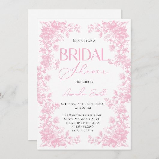 ピンクチノイスリーフラワーガーデンブライダルシャワー 招待状 (正面/裏面)
