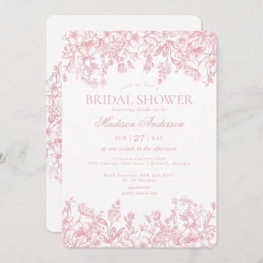 ピンクチノイスリーヴィンテージフローラブライダルシャワー 招待状 (正面/裏面)