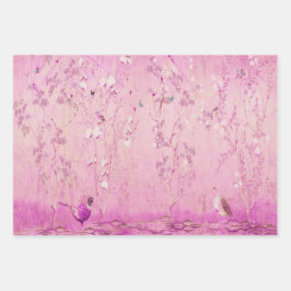 ピンクチノワズリーの鳥の包装紙シート ラッピングペーパーシート