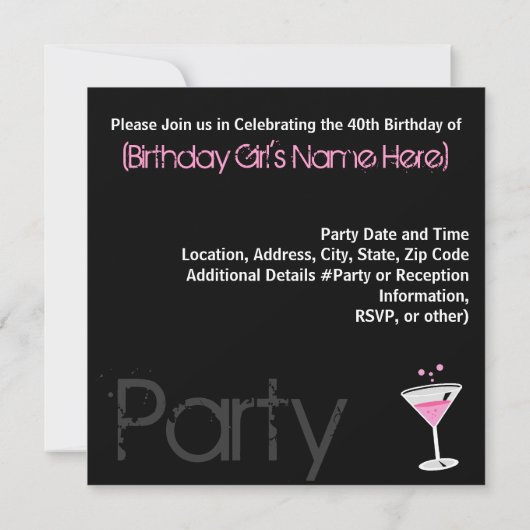 ピンクチャーコール旋回ブラックカスタム招待状 招待状 (裏面)