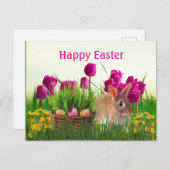 ピンクチューリップとイースターバニーホリデー ポストカード (正面/裏面)