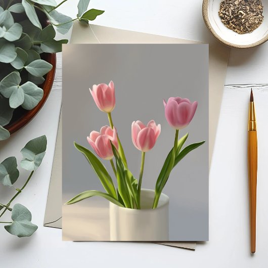 ピンクチューリップの花瓶 写実主義絵画 ポストカード