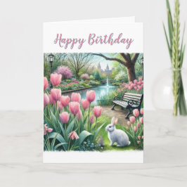 ピンクチューリップアットパークハッピーバースデーグリーティング カード