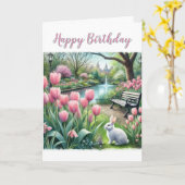 ピンクチューリップアットパークハッピーバースデーグリーティング カード (黄色い花)