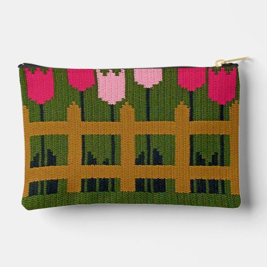 ピンクチューリップグリーンガーデンアーティザンクロシェプリント アクセサリーポーチ (裏面)