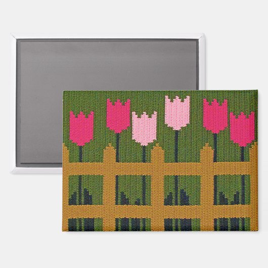 ピンクチューリップグリーンガーデンアーティザンクロシェプリント マグネット (正面/裏面)